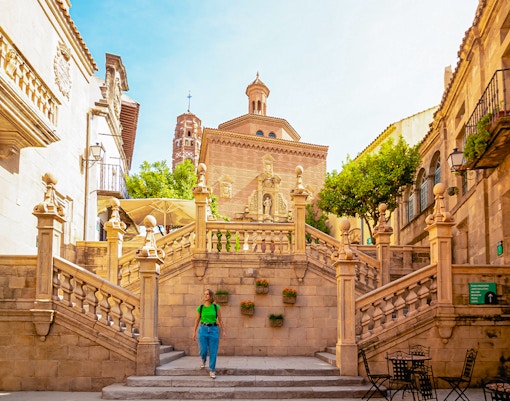 Poble Espanyol entrance with traditional Spanish architecture in Barcelona, Spain.