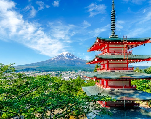 Chureito Pagoda with Mount Fuji in the background at Arakurayama Sengen Park, Fujiyoshida City.