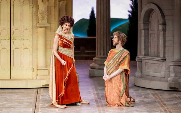 Actors performing a scene from "A Funny Thing Happened on the Way to the Forum" in Paris.