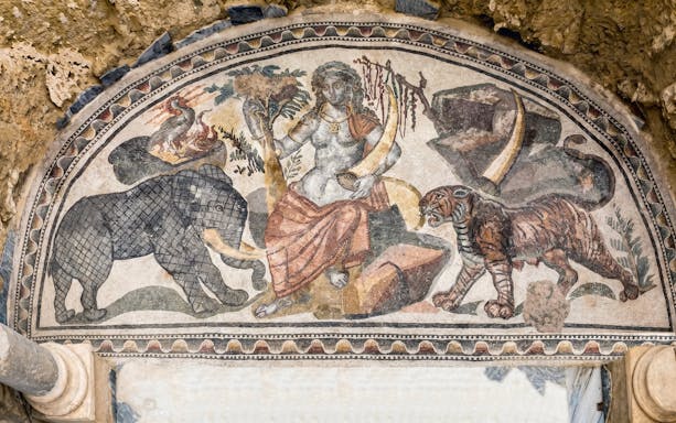Mosaic depicting a mythological scene with animals at Villa Romana del Casale, Piazza Armerina.
