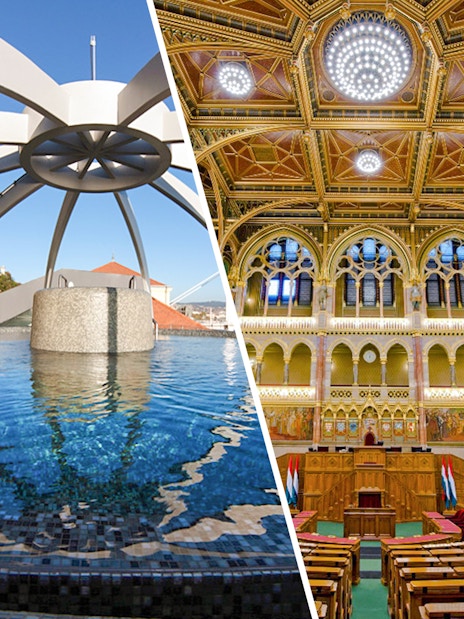 Modern thermal bath and ornate parliament interior in Budapest, Hungary.