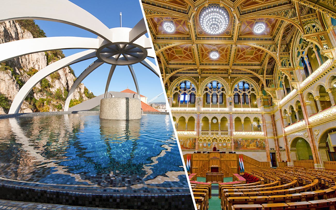Modern thermal bath and ornate parliament interior in Budapest, Hungary.