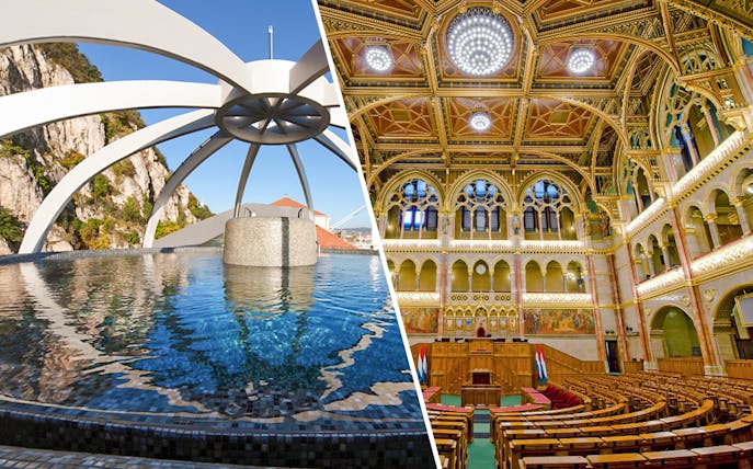 Modern thermal bath and ornate parliament interior in Budapest, Hungary.