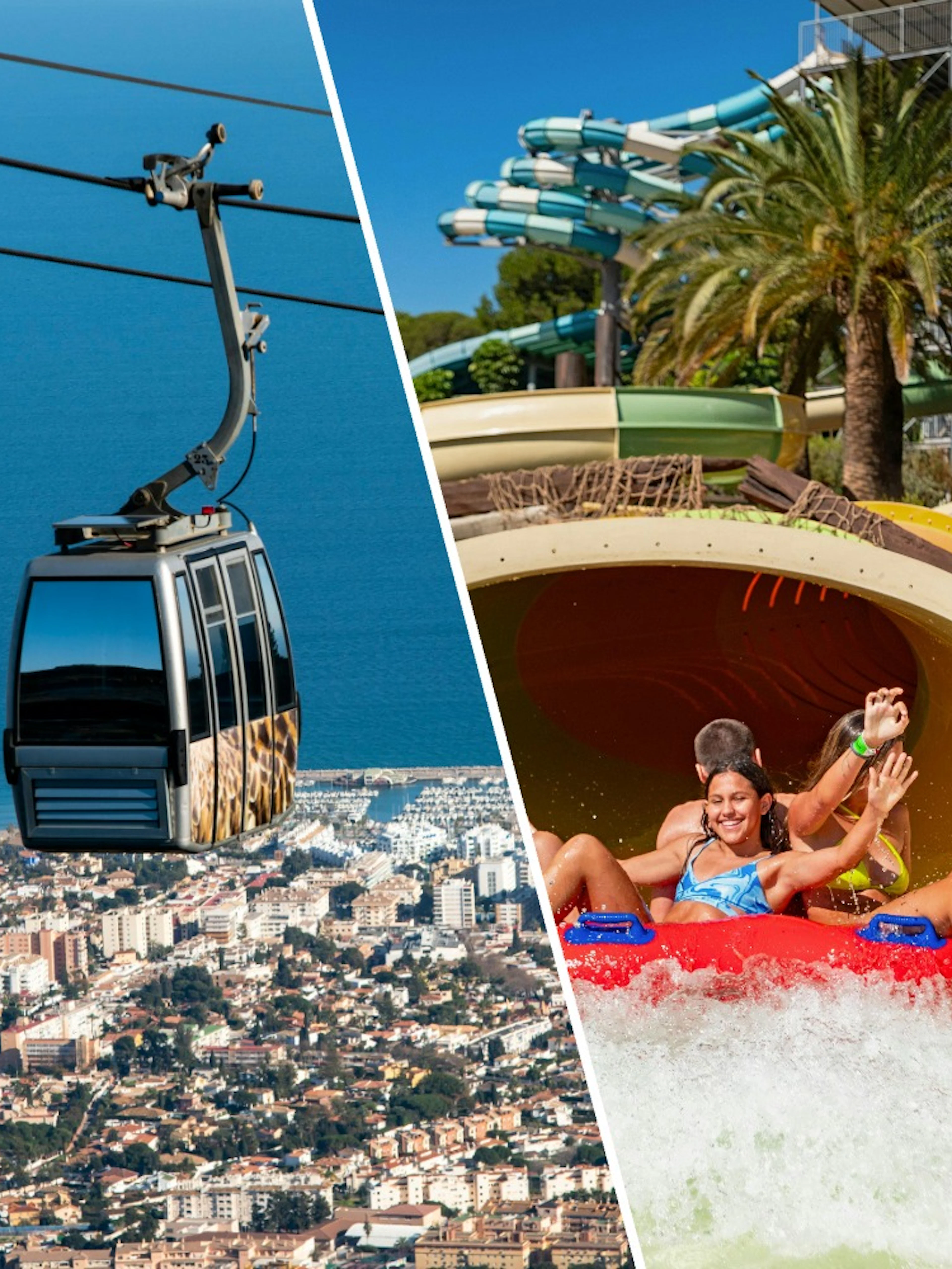 Benalmadena cable car over Malaga cityscape and riders on Tukakame water slide at Aqualand Torremolinos.