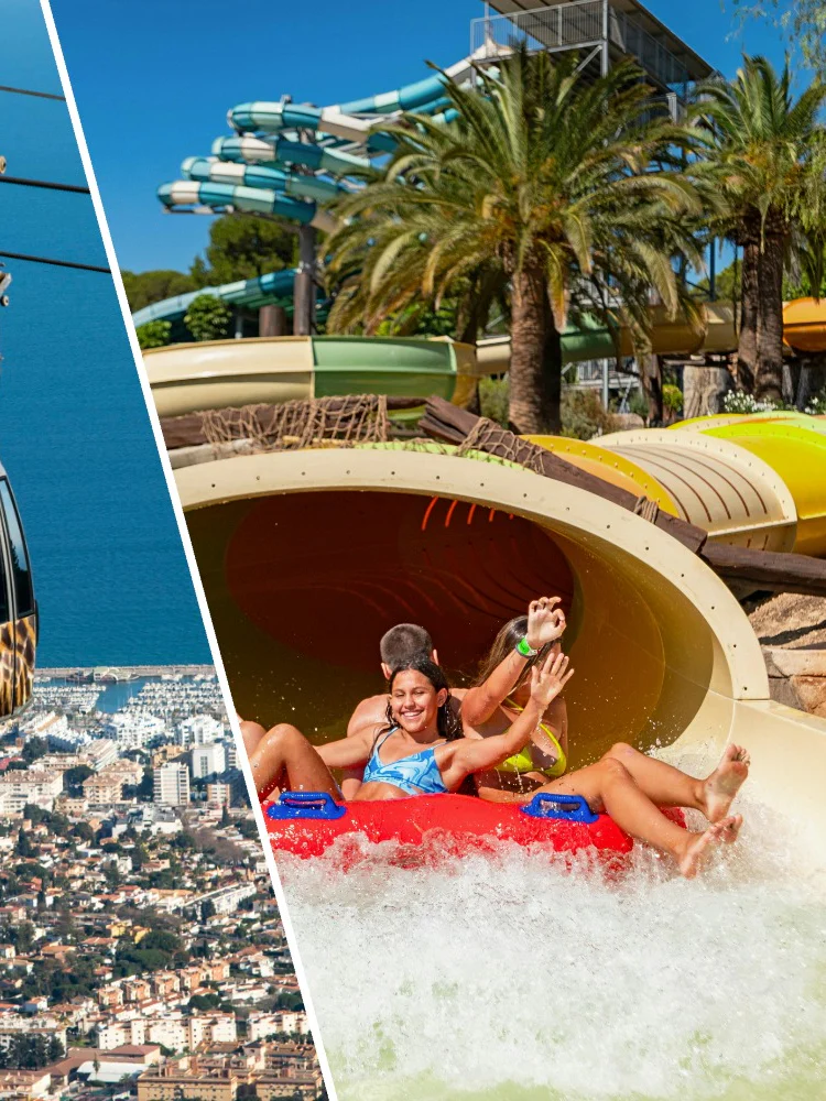 Benalmadena cable car over Malaga cityscape and riders on Tukakame water slide at Aqualand Torremolinos.