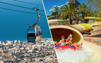 Benalmadena cable car over Malaga cityscape and riders on Tukakame water slide at Aqualand Torremolinos.