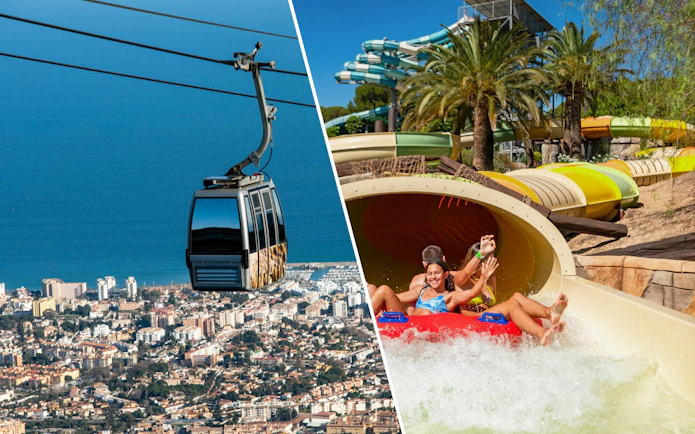 Benalmadena cable car over Malaga cityscape and riders on Tukakame water slide at Aqualand Torremolinos.