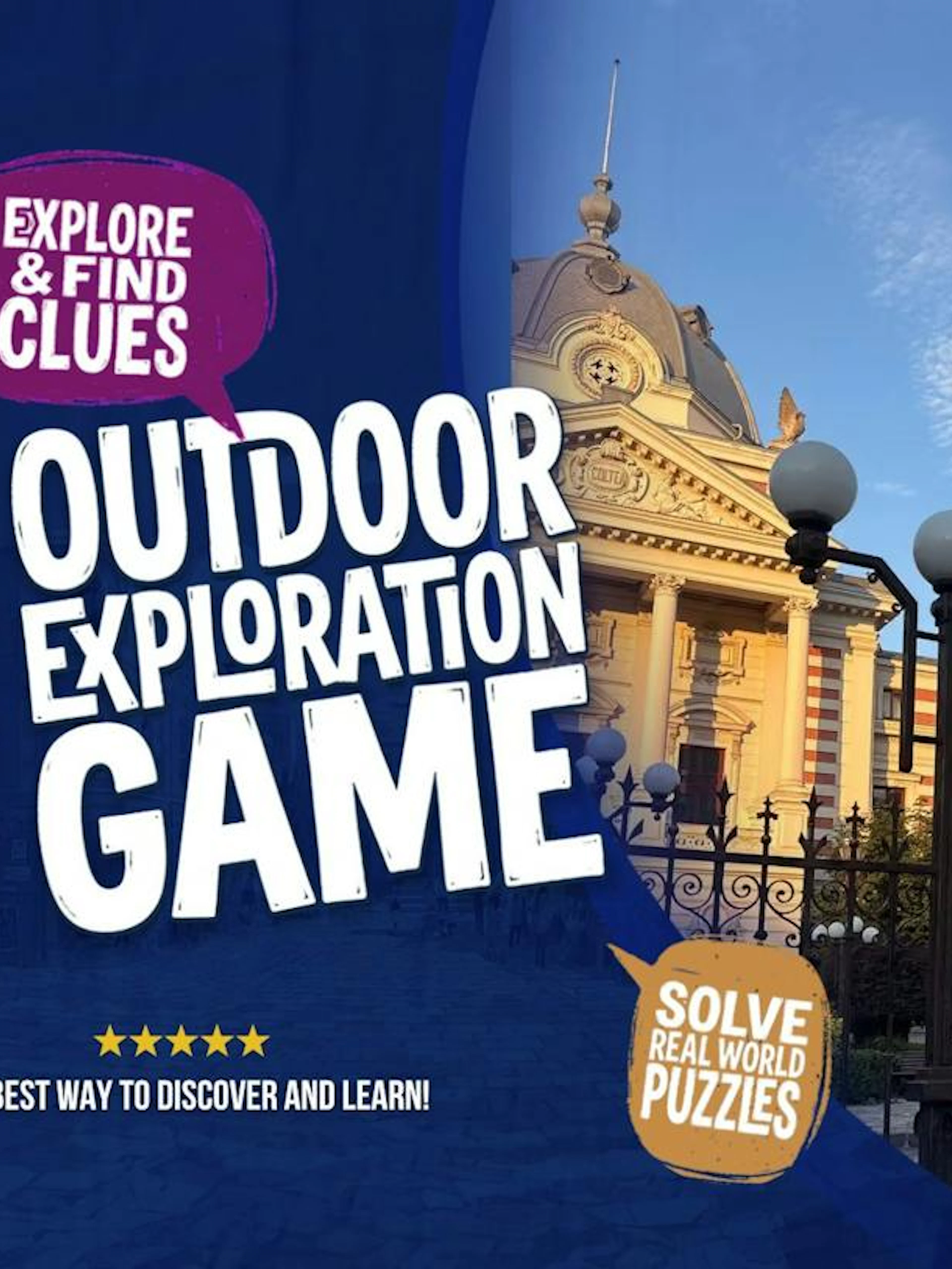 Outdoor exploration game poster with Bucharest landmark and statue.