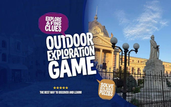 Outdoor exploration game poster with Bucharest landmark and statue.