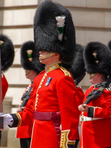 Guards in red uniforms and bearskin hats at Buckingham Palace ceremony.