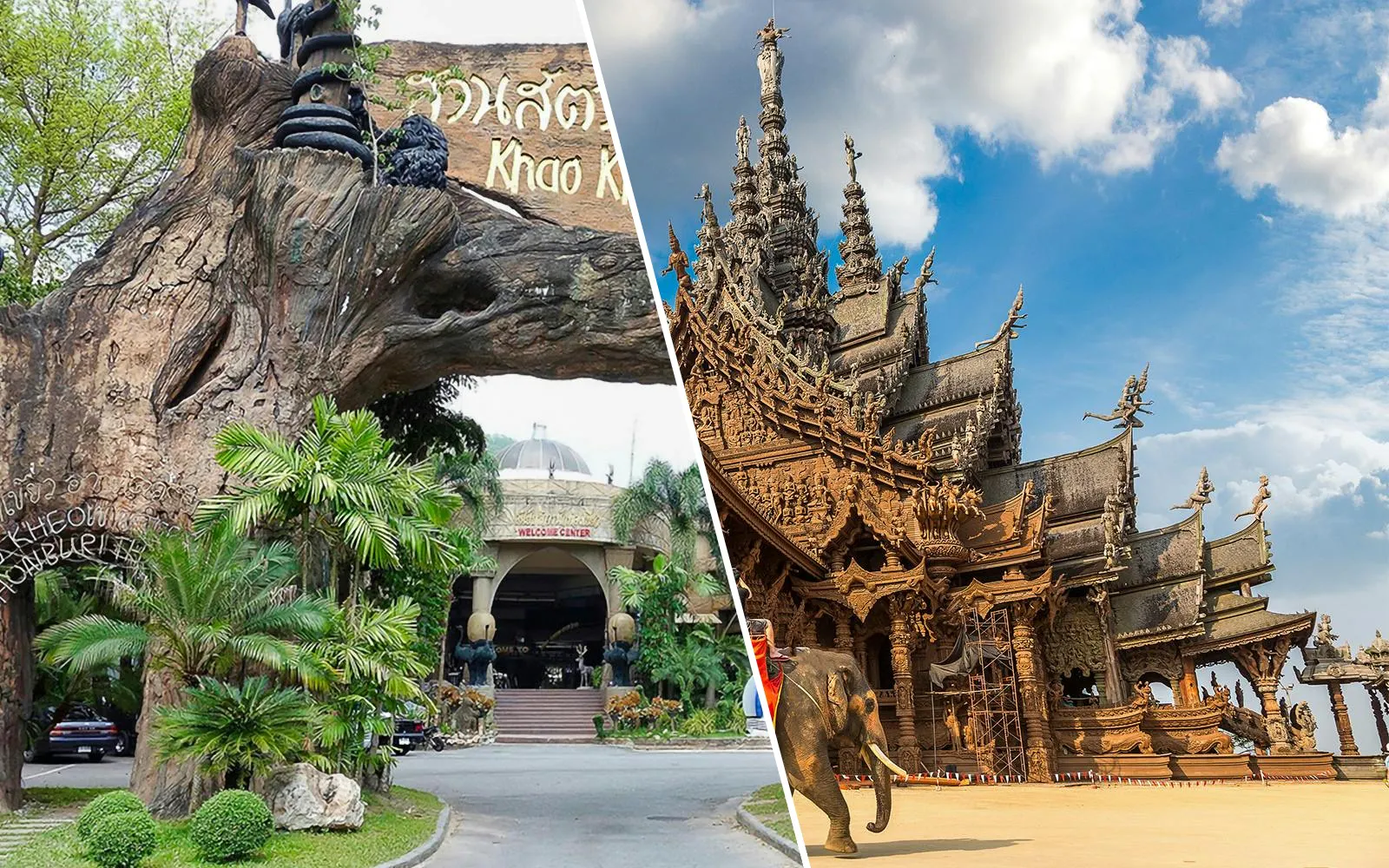 Khao Kheow Open Zoo entrance and The Sanctuary of Truth temple in Pattaya, Thailand.