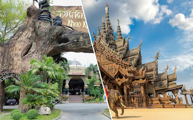 Khao Kheow Open Zoo entrance and The Sanctuary of Truth temple in Pattaya, Thailand.