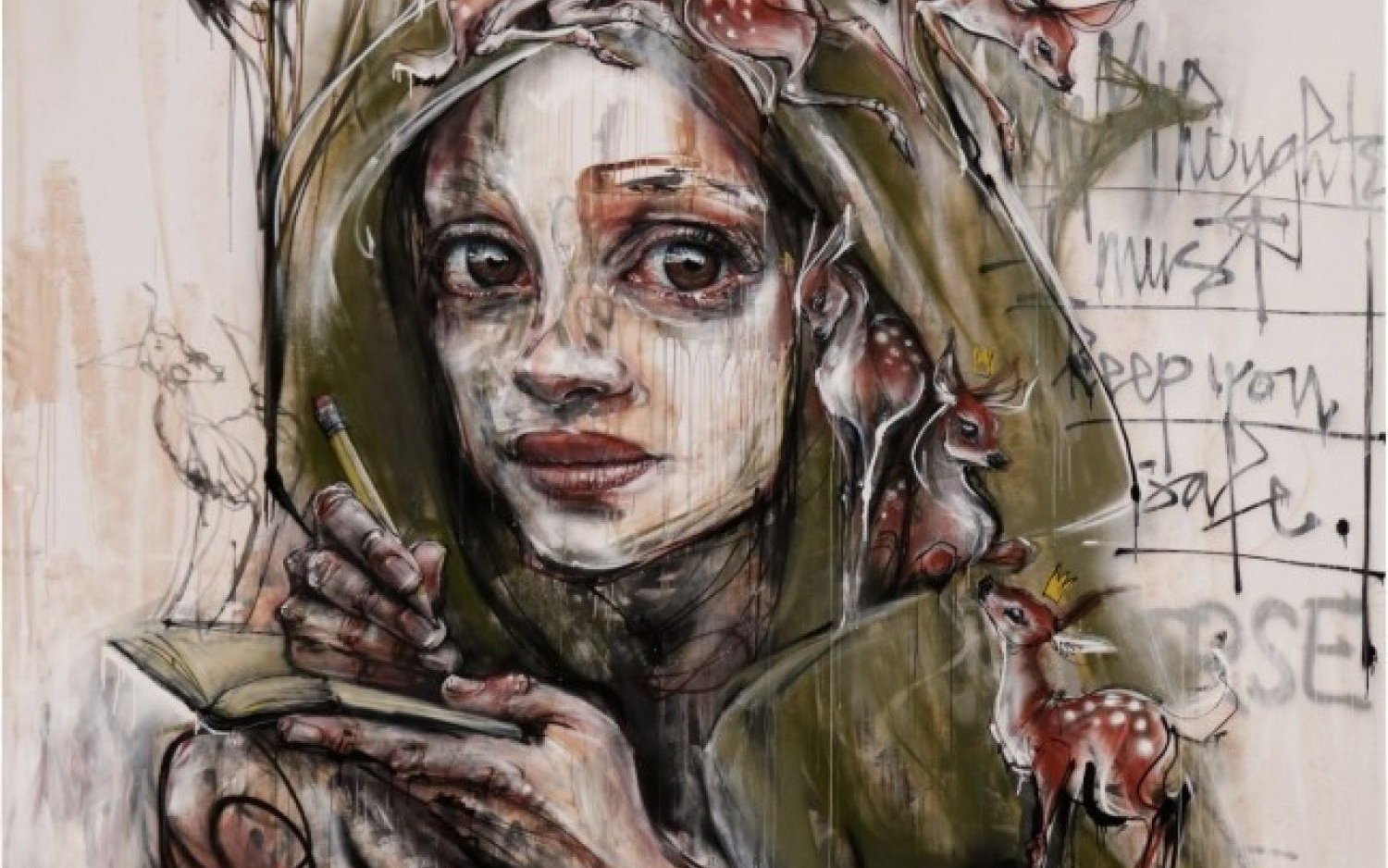 Young woman with deer and pencil, artwork by Herakut titled "Weak Becomes Hero" (2022).