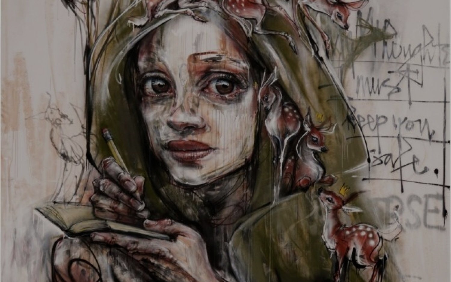 Young woman with deer and pencil, artwork by Herakut titled "Weak Becomes Hero" (2022).
