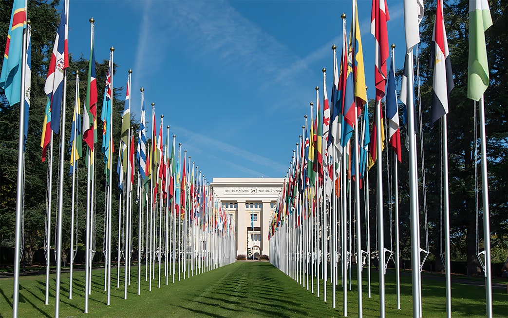 Flags lining the entrance to the United Nations Office at Geneva.