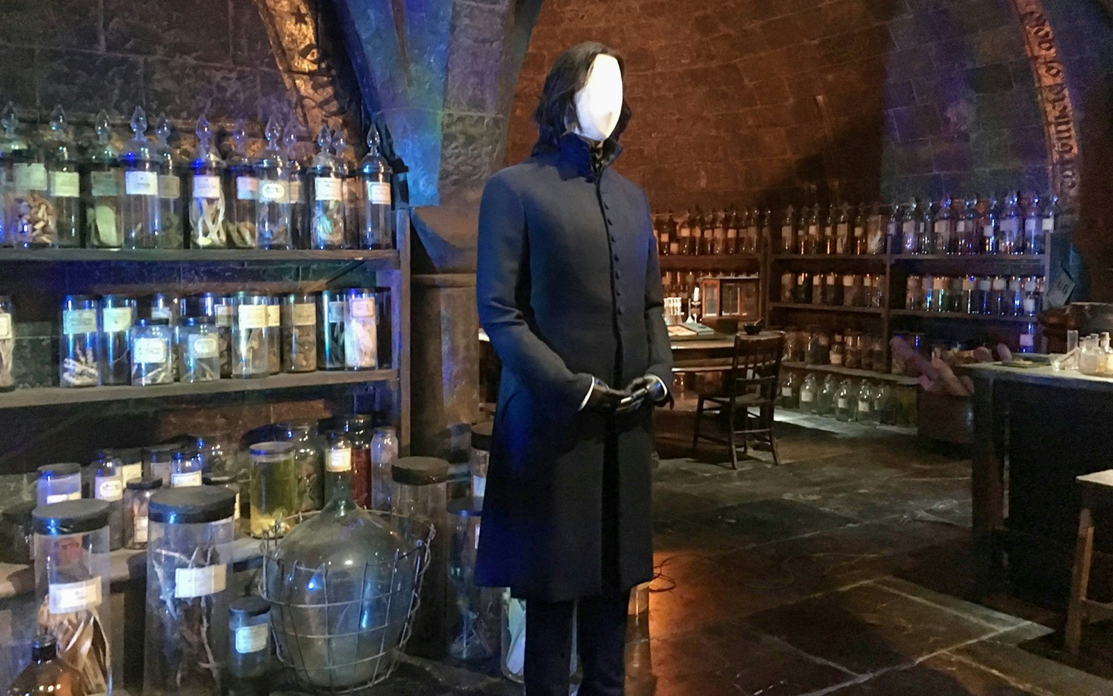 Severus Snape's potion classroom at Harry Potter Studio Tour, shelves with potion jars.