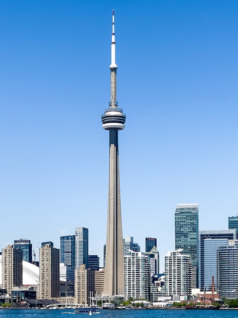 Toronto skyline featuring the CN Tower and surrounding buildings.