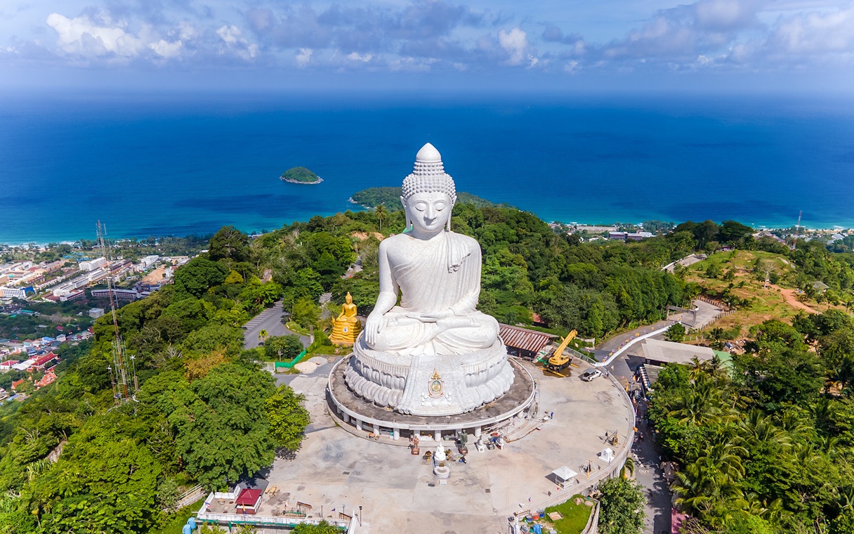 Big Buddha statue overlooking the sea in Phuket, Thailand.