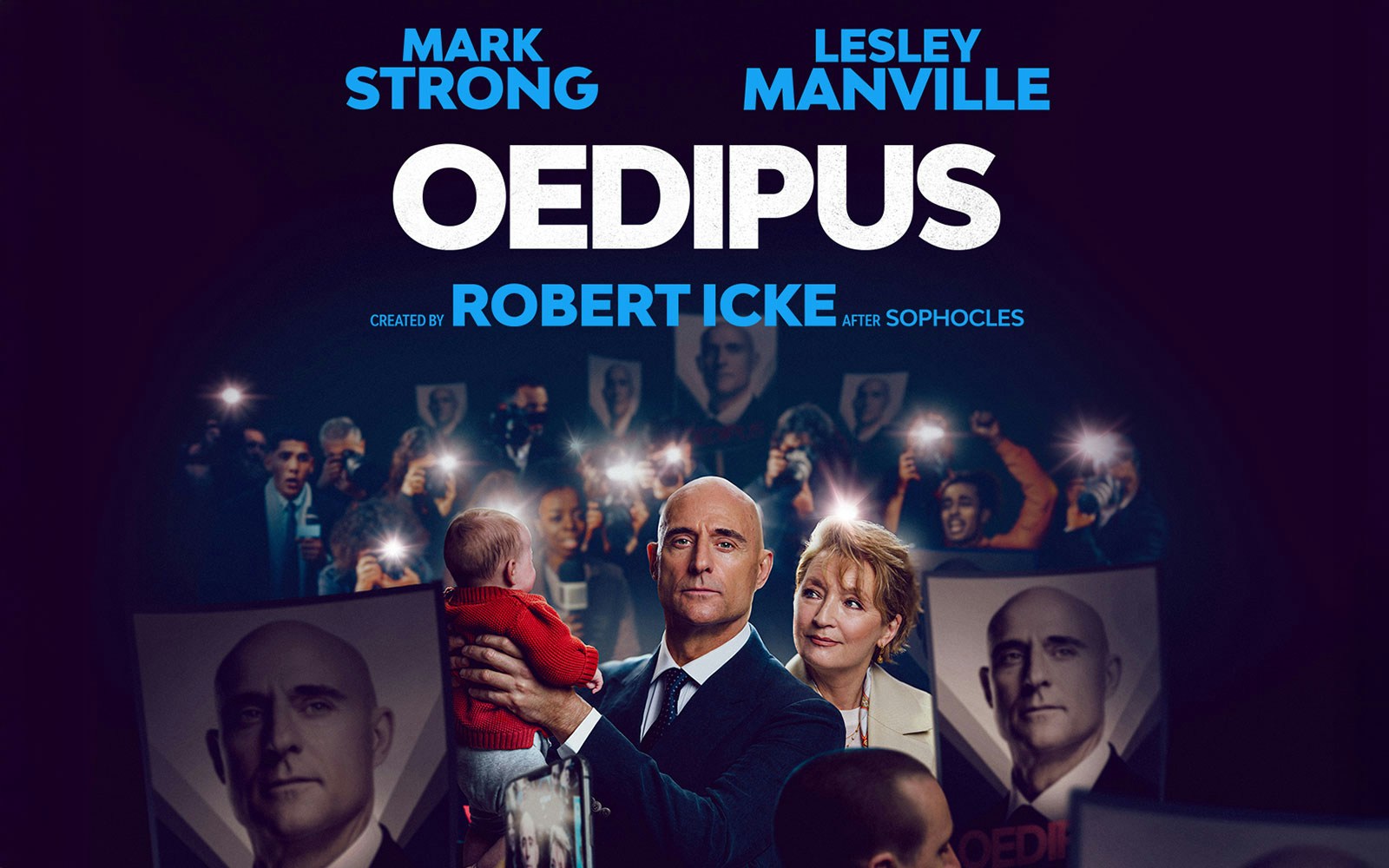 Oedipus Broadway show poster featuring actors with a crowd and cameras.
