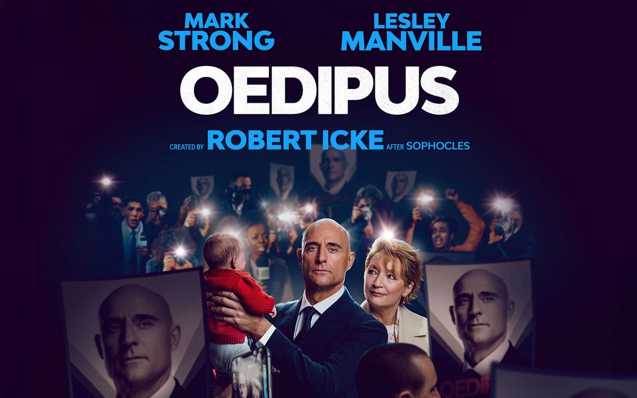 Oedipus Broadway show poster featuring actors with a crowd and cameras.