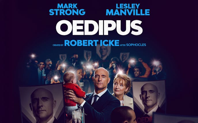Oedipus Broadway show poster featuring actors with a crowd and cameras.