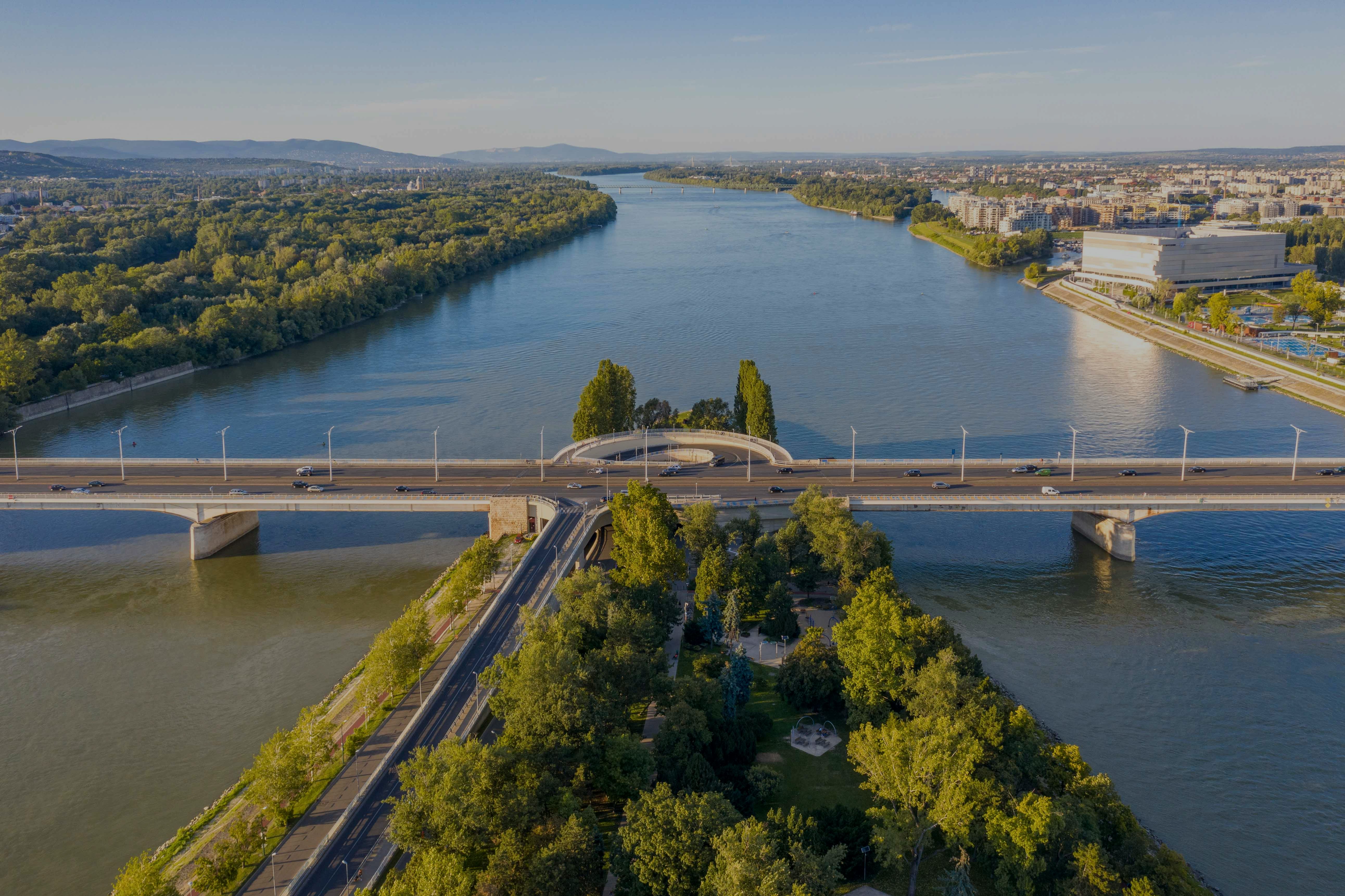 Margaret Island aerial view with lush greenery and Danube River, Budapest, Hungary.