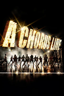 Broadway performers dancing on stage during "A Chorus Line" show in New York City.