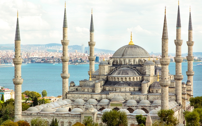 Blue Mosque with Bosphorus in background, Istanbul tour.