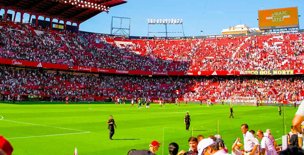 Crowd at Ramon Sanchez Pizjuan Stadium during a Seville FC match.