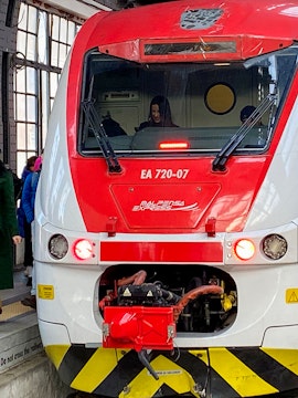 Malpensa Express train at station platform, connecting to Malpensa Airport.