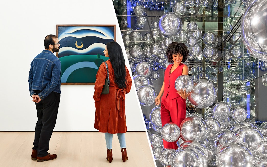 Visitors viewing art at MoMA and exploring mirrored room with silver spheres at SUMMIT One Vanderbilt.