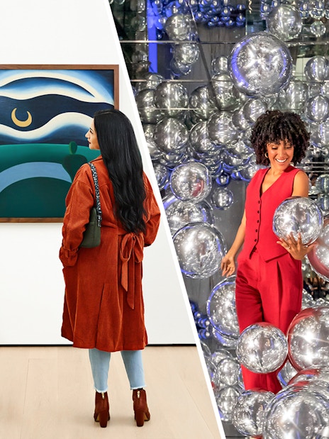 Visitors viewing art at MoMA and exploring mirrored room with silver spheres at SUMMIT One Vanderbilt.