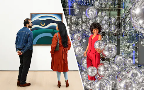 Visitors viewing art at MoMA and exploring mirrored room with silver spheres at SUMMIT One Vanderbilt.