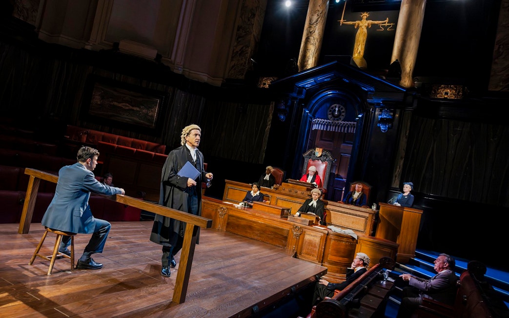 Stage scene from "Witness for the Prosecution" in West End courtroom setting.