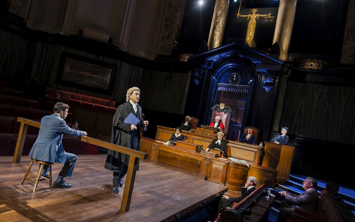 Stage scene from "Witness for the Prosecution" in West End courtroom setting.