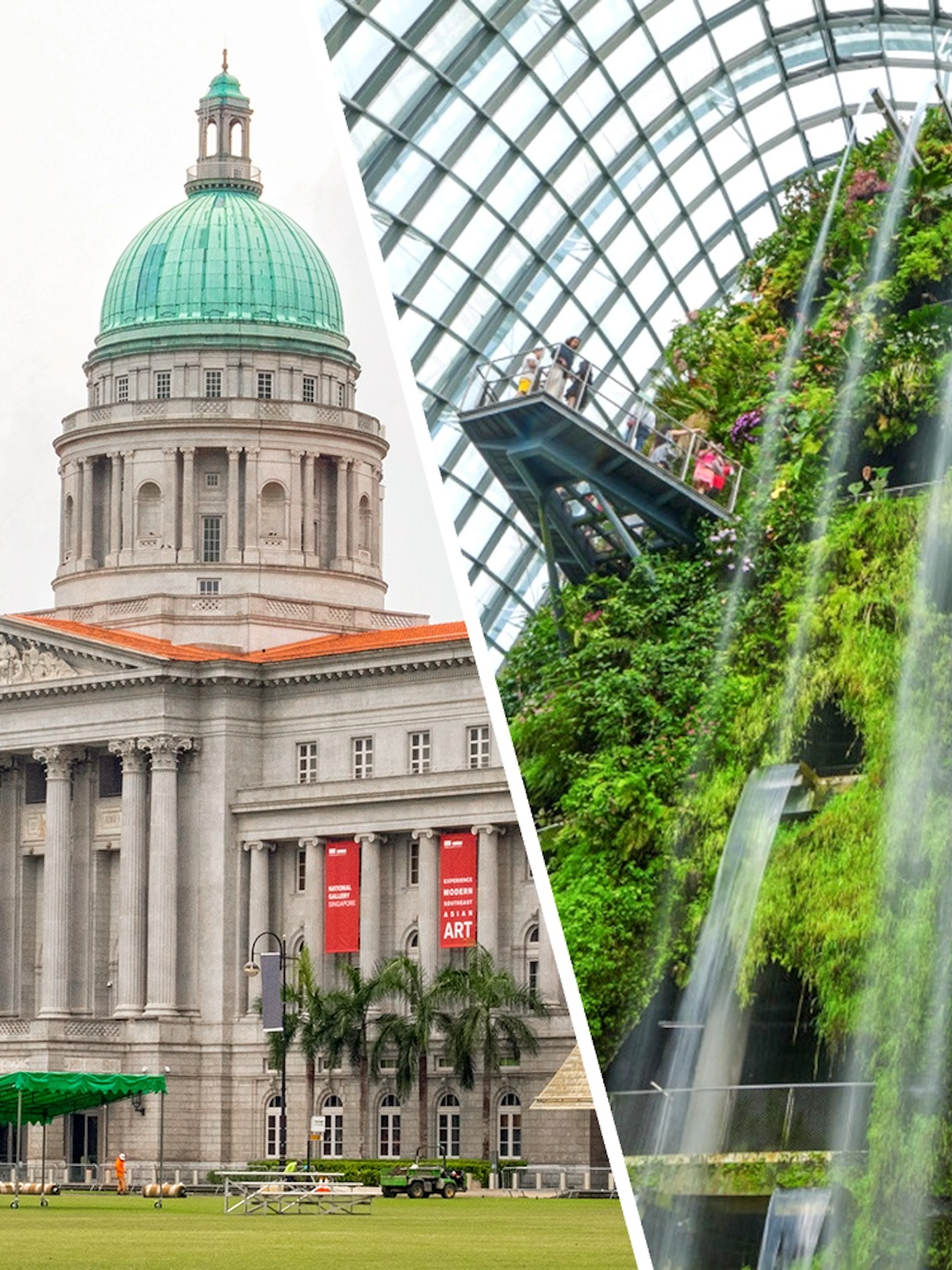 National Gallery Singapore facade and indoor waterfall garden.