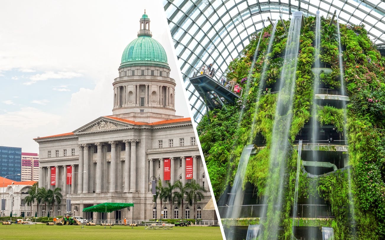 National Gallery Singapore facade and indoor waterfall garden.