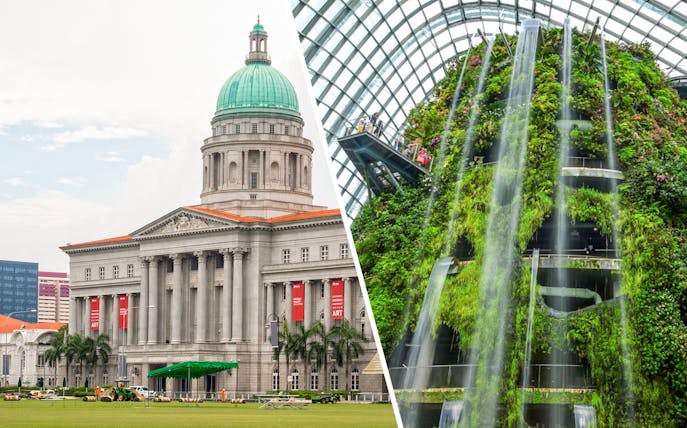 National Gallery Singapore facade and indoor waterfall garden.