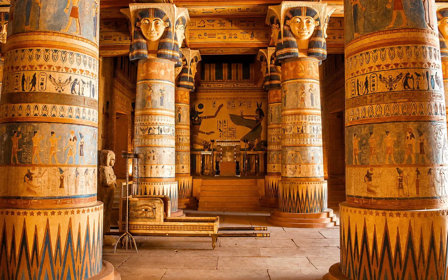 Egyptian-themed set with hieroglyphic columns at Atlas Film Studios, Ouarzazate, Morocco.