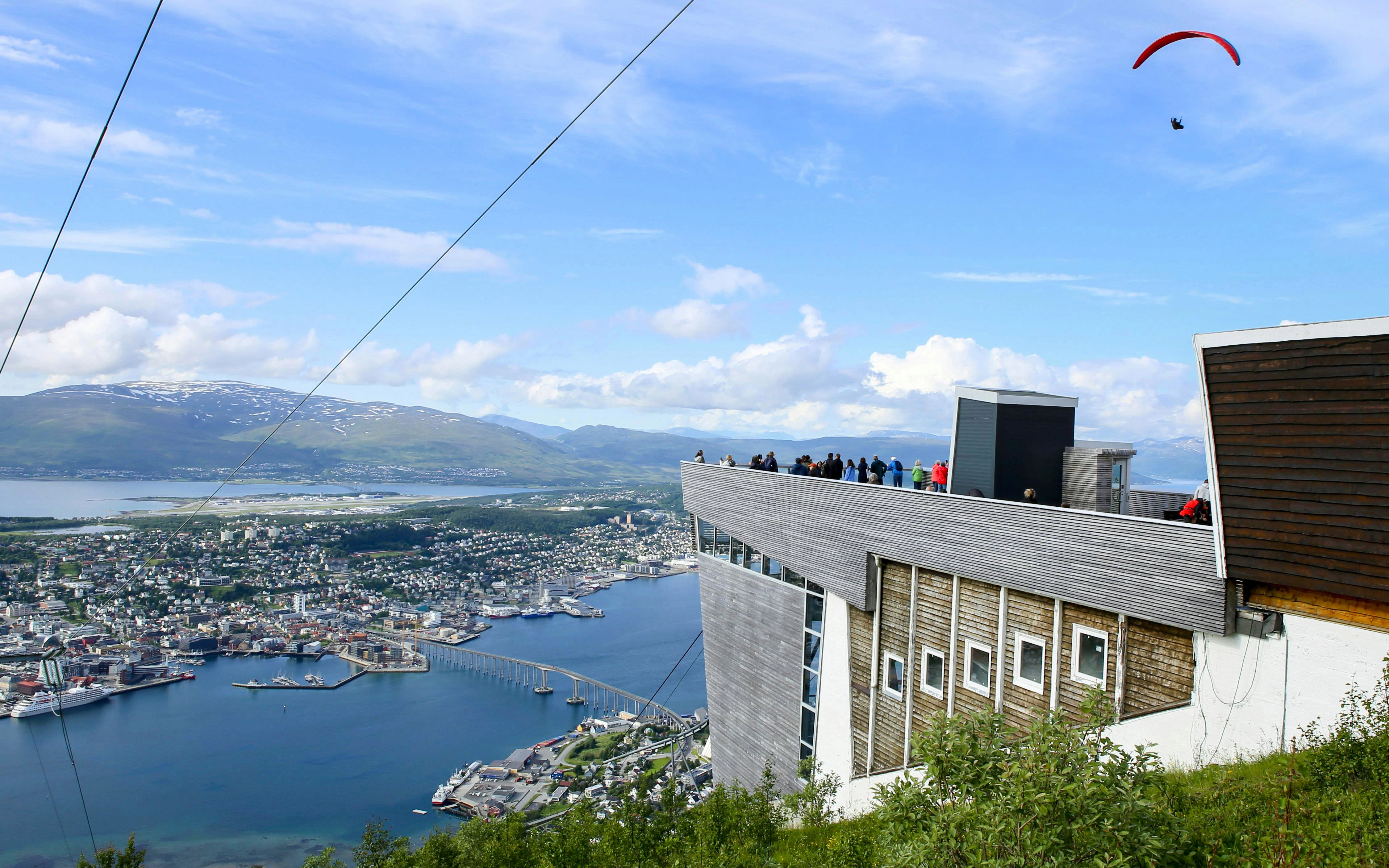 Fjellheisen cable car station overlooking Tromso city and fjord, Mount Storsteinen, Norway.