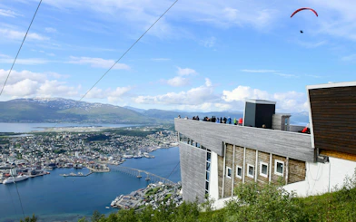 Fjellheisen cable car station overlooking Tromso city and fjord, Mount Storsteinen, Norway.