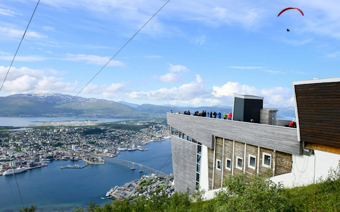 Fjellheisen cable car station overlooking Tromso city and fjord, Mount Storsteinen, Norway.