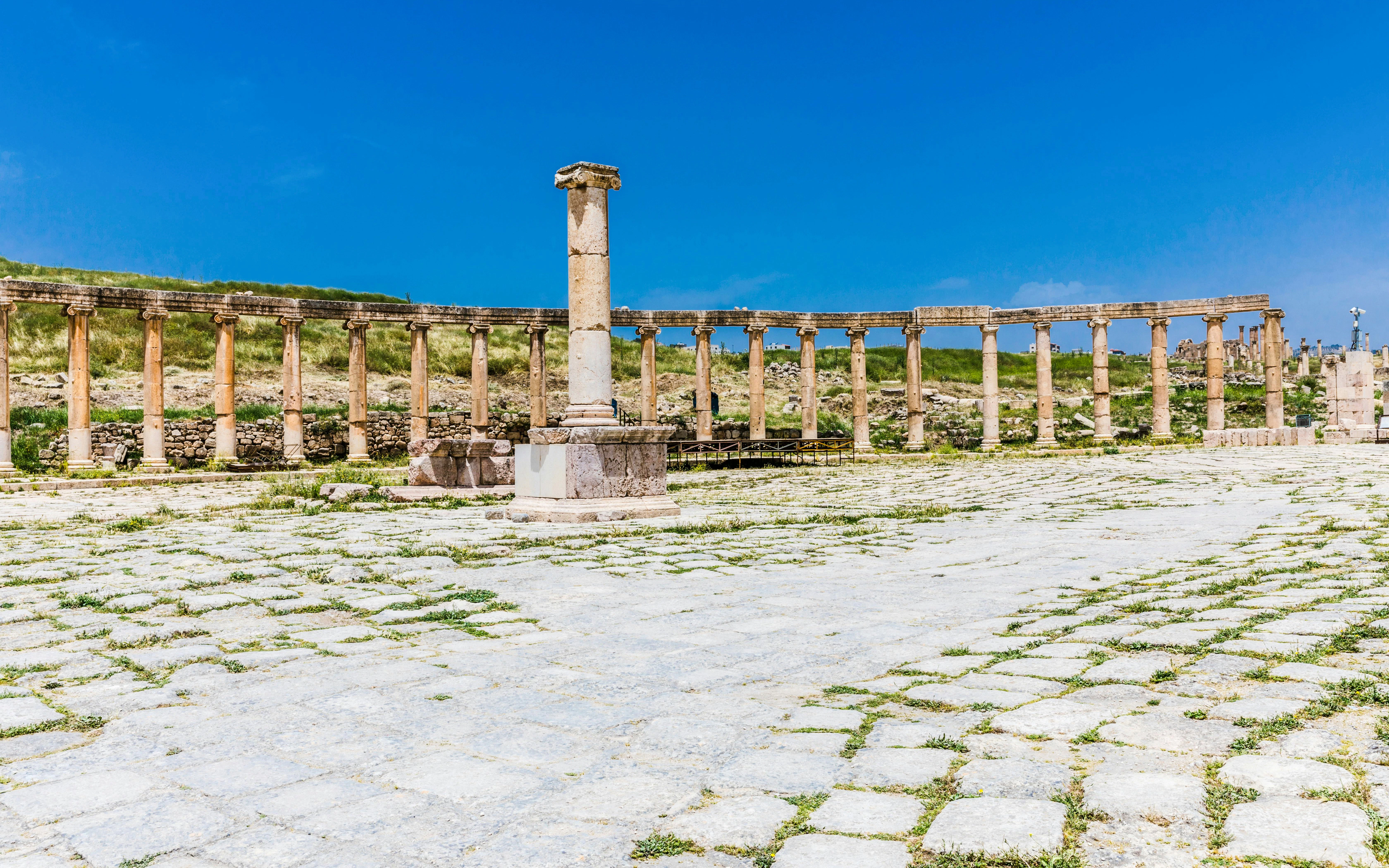Ancient columns at the Oval Plaza in the ruins of Jerash, Jordan.