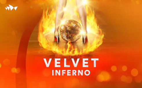 Disco ball and high heels surrounded by flames, promoting Velvet Inferno show in Sydney.