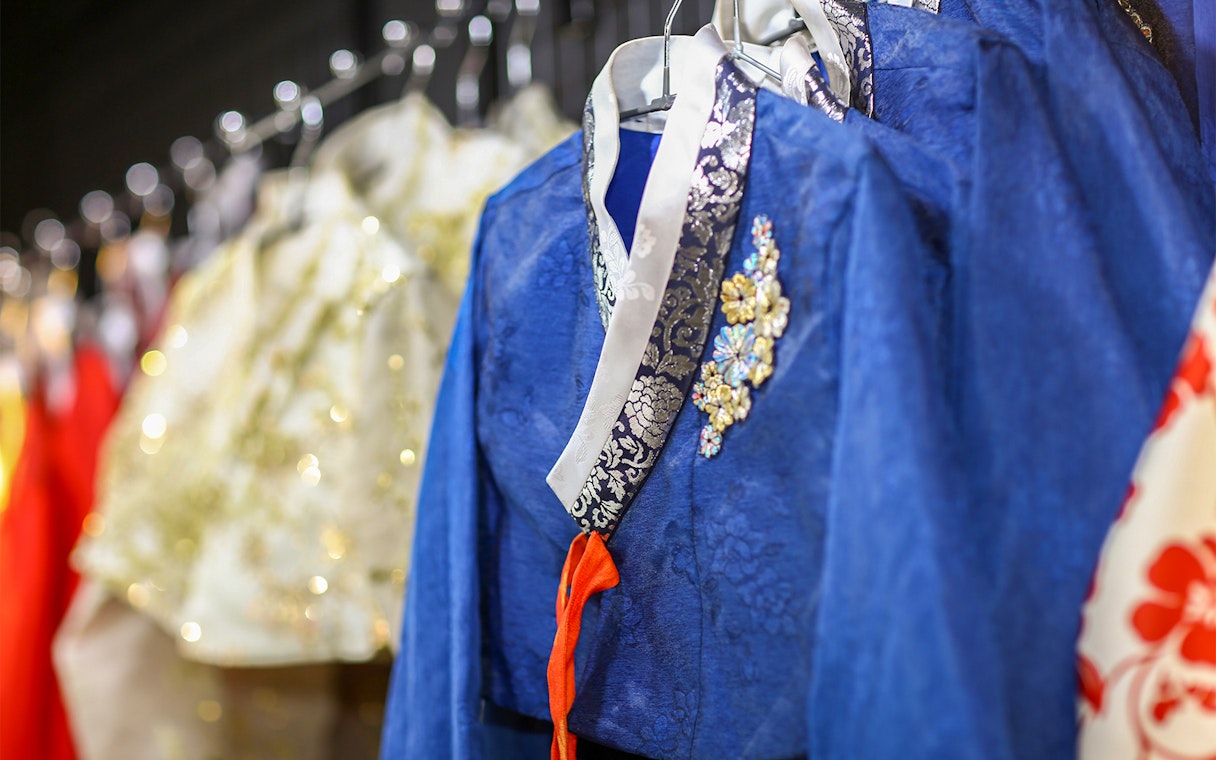 Hanbok garments on display for rental at Seoul Gyeongbokgung Palace.