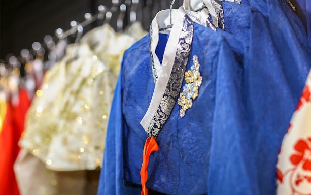 Hanbok garments on display for rental at Seoul Gyeongbokgung Palace.