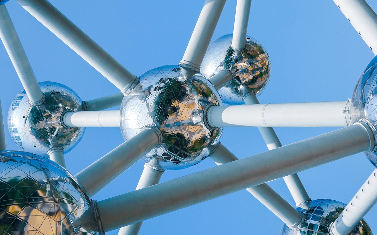 Closeup view of the Atomium's metallic spheres and connecting tubes in Brussels.