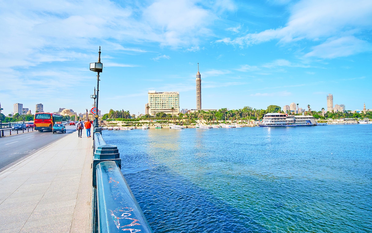 Qasr El Nil bridge view with Cairo Tower and Nile River, Cairo, Egypt.