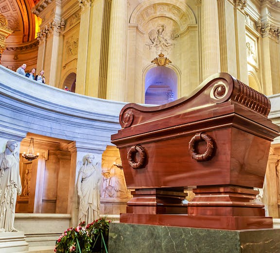 Tomb of Napoleon in Les Invalides, Paris, with ornate architecture and statues.