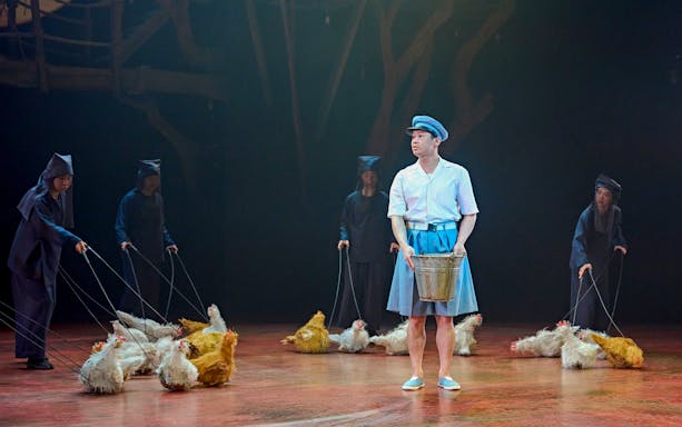 Stage performance of My Neighbour Totoro with actors and puppet chickens.